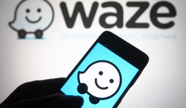 In this photo illustration a Waze logo of a GPS navigation