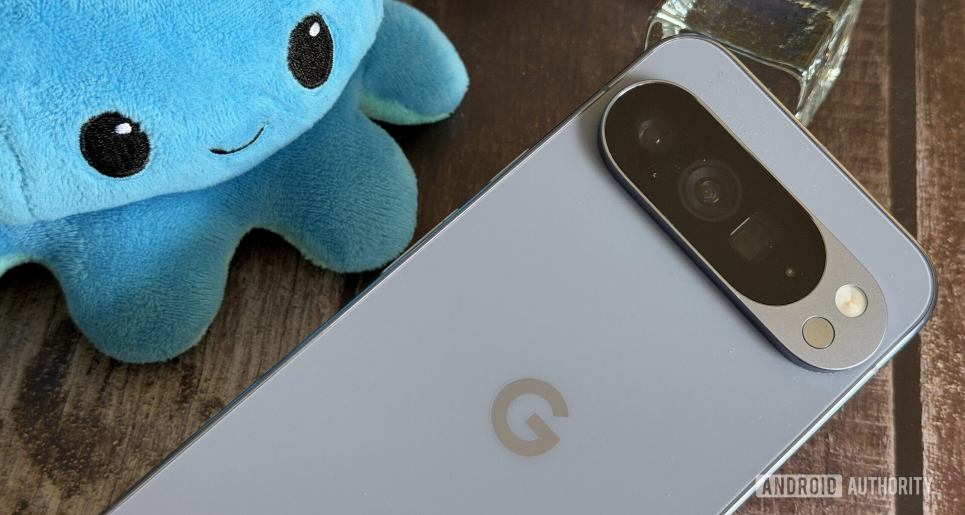 Google Pixel 10 Pro XL with plushie on desk