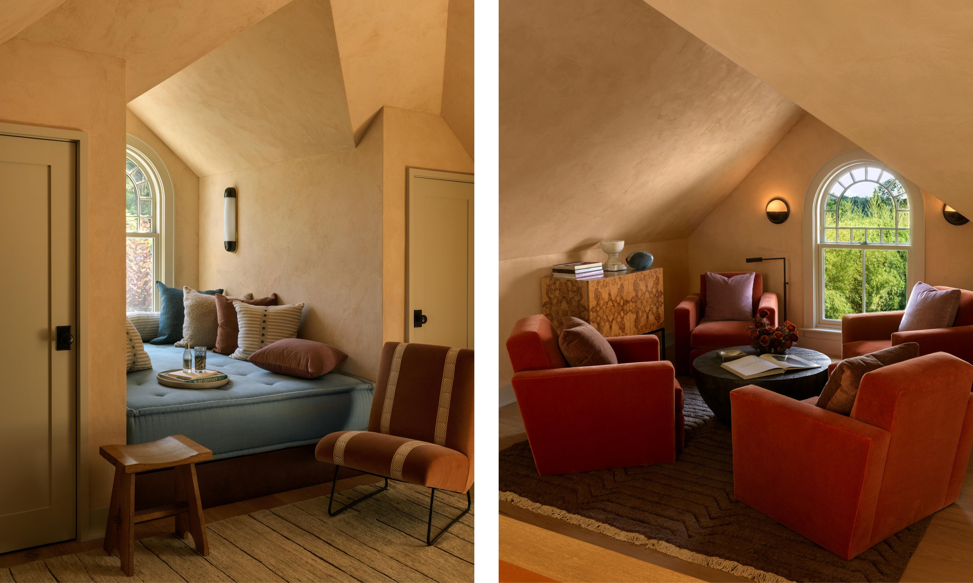 two side by side images of a terracotta plastered loft room with reading nook and cozy orange chairs