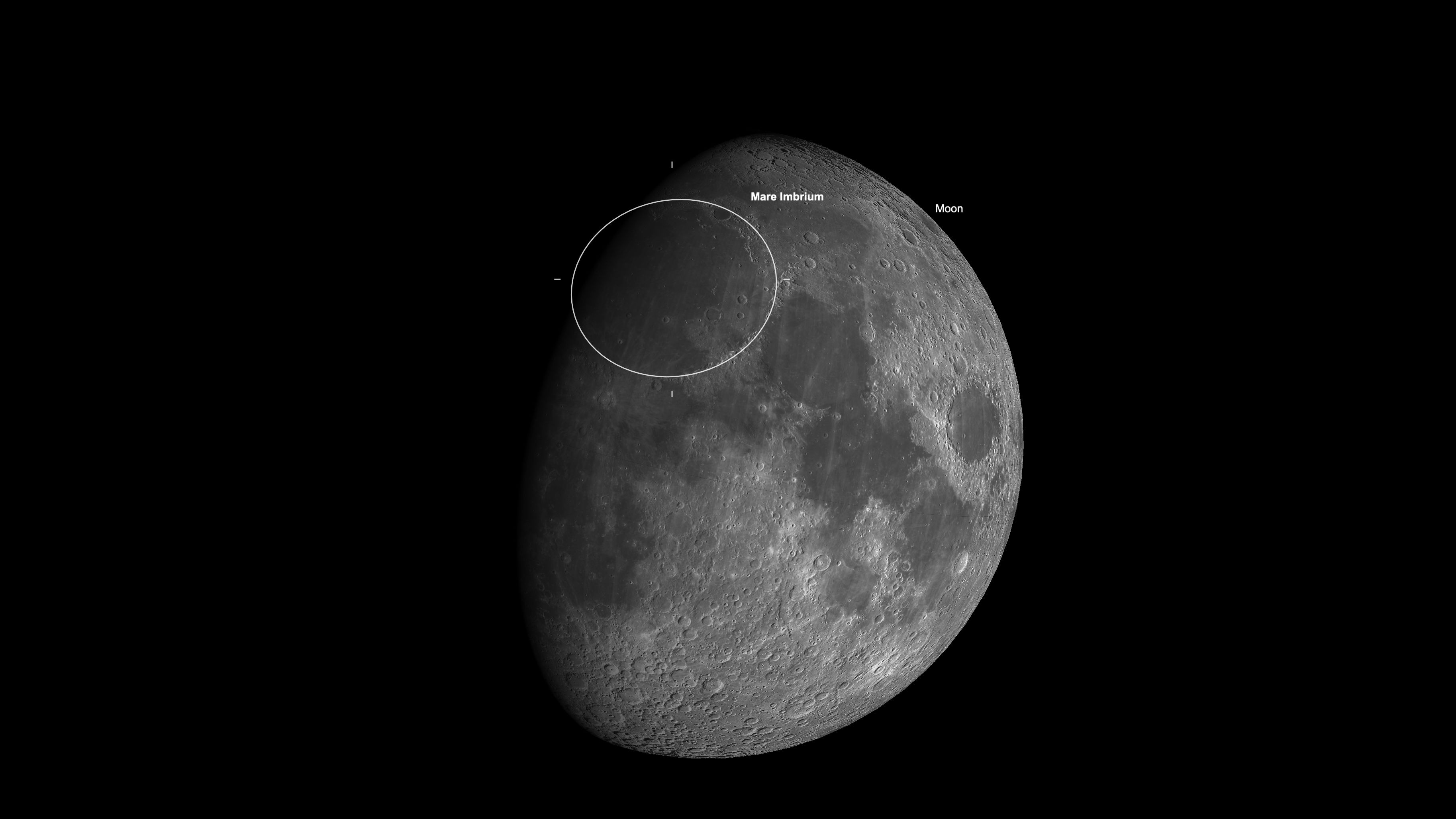 A representation of a waxing gibbous moon with a large white circle on its sunlit side showing the location of the lunar sea Mare Imbrium.
