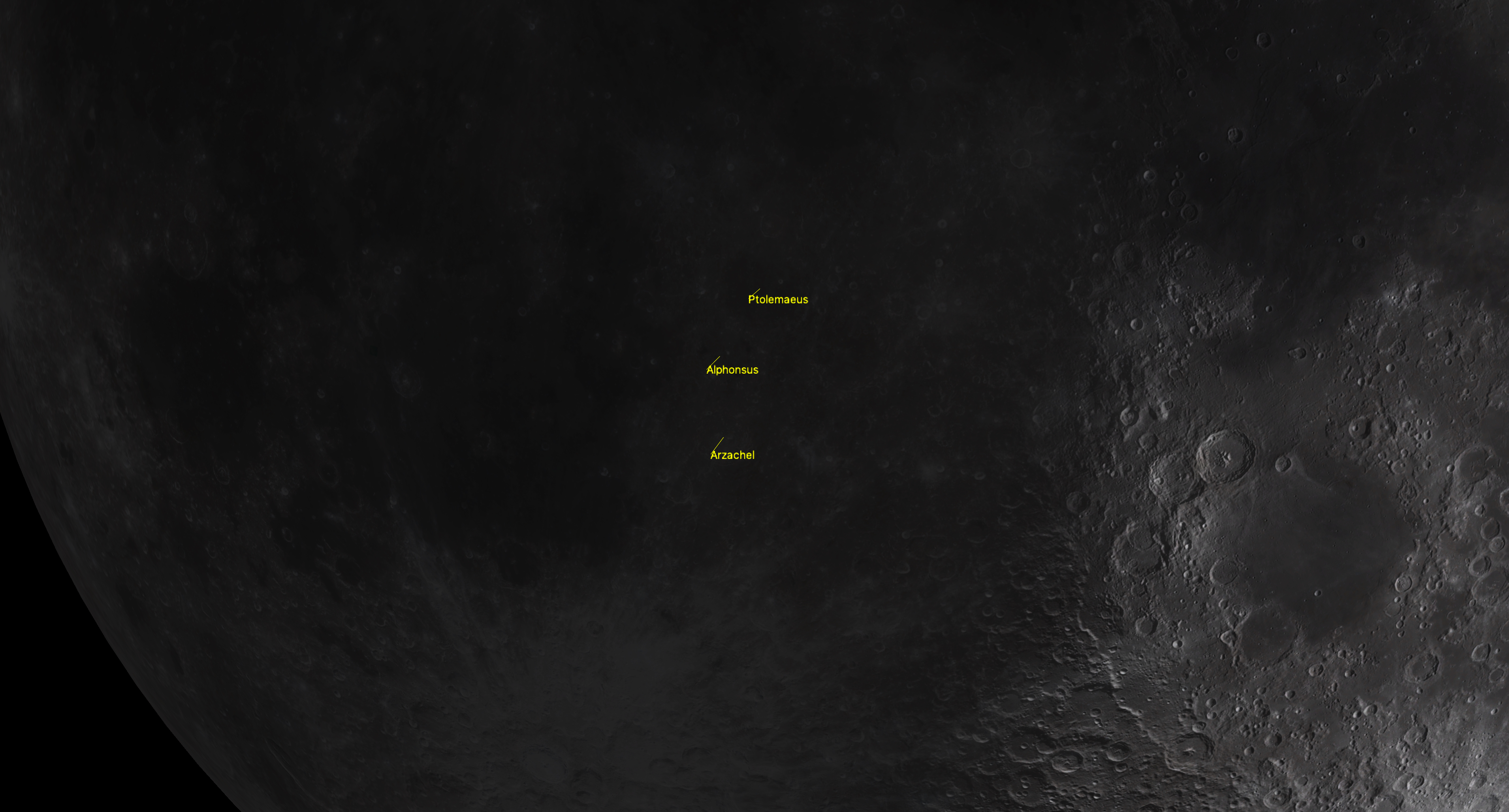 Close-up of the first quarter moon highlighting the Ptolemaeus, Alphonsus and Arzachel crater trio along the lunar terminator.