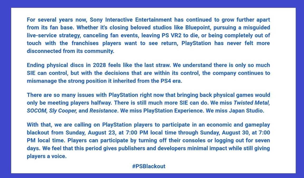 A message posted to X by Does It Play, annoucing the PSBlackout protest.