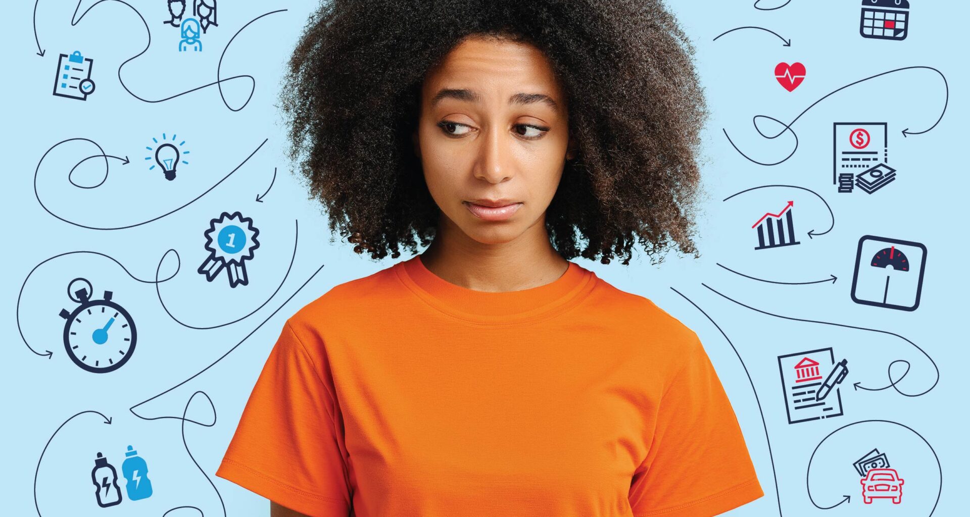 Woman surrounded by illustrations related to planning and stress.