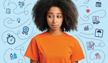 Woman surrounded by illustrations related to planning and stress.