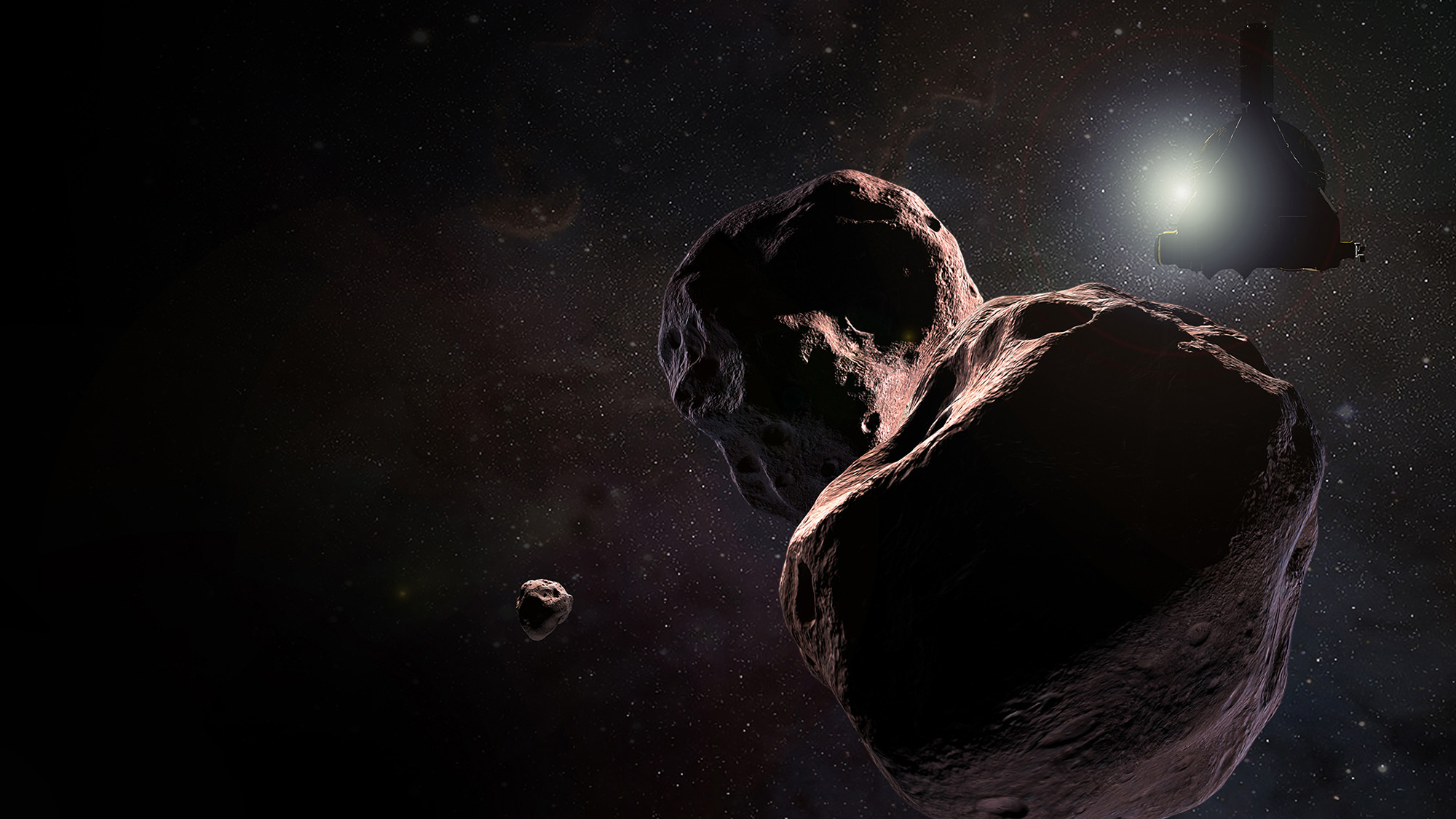 An illustration of a spacecraft next to a large asteroid.