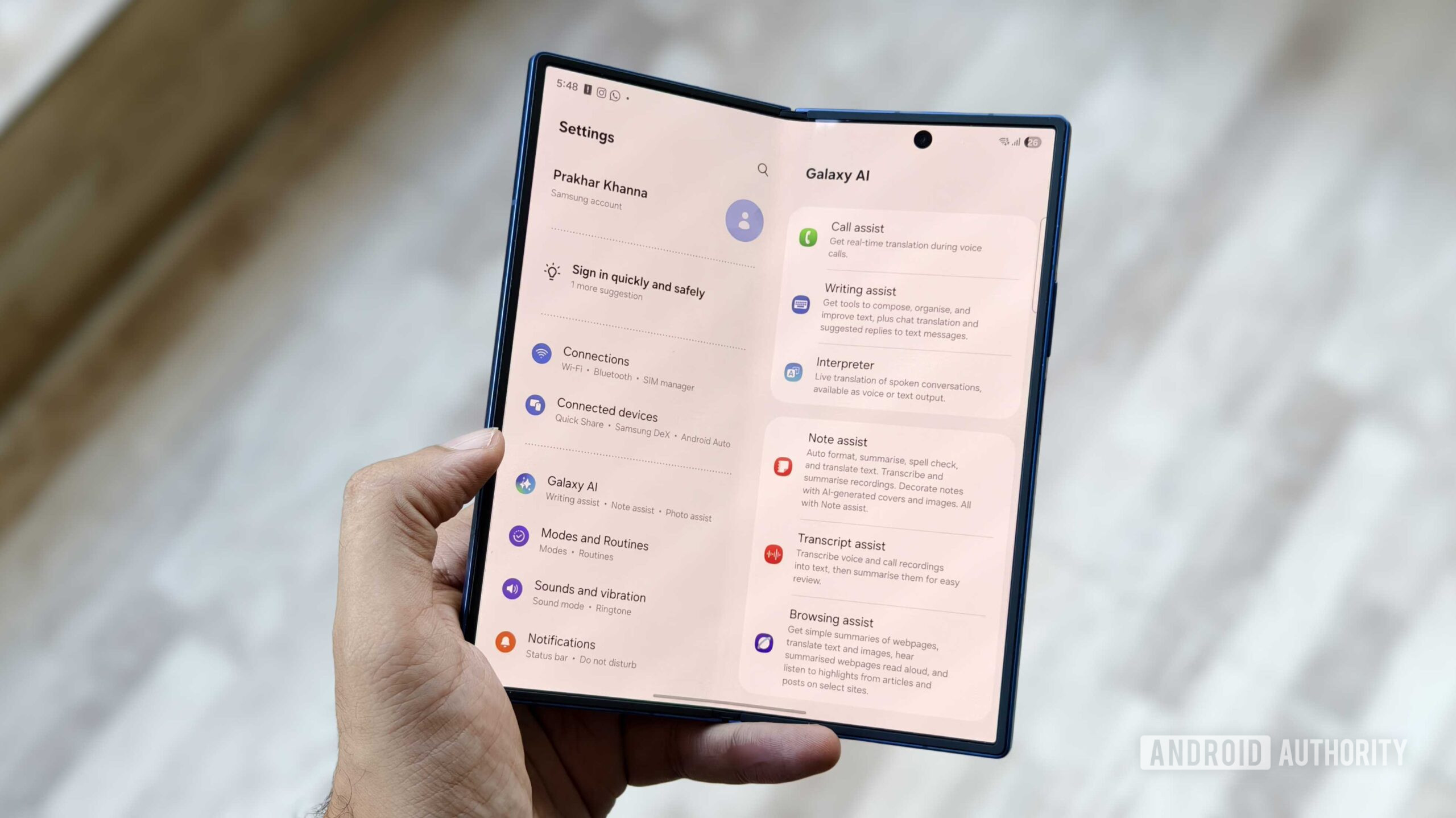 Galaxy AI on Galaxy Z Fold 7 Samsung Galaxy Z Fold 7 half-folded.