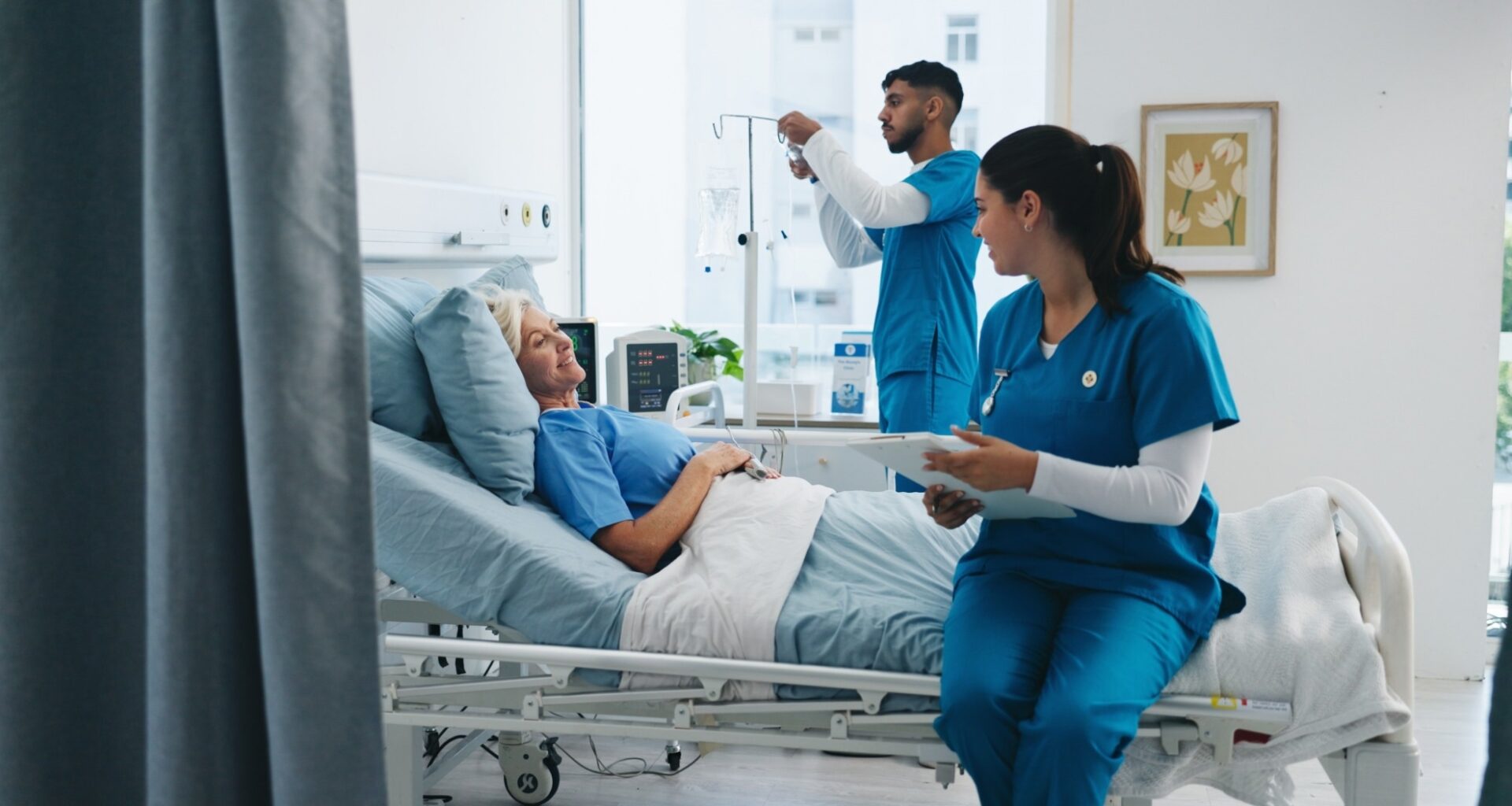 Nurse, clipboard and happy old woman in hospital bed for medical assessment, good news or recovery. Healthcare staff, senior patient and worker with health report for healing update or monitor vitals