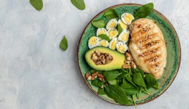 Keto diet: chicken fillet with salad, eggs, avocado and walnuts