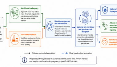 Proposed mechanism linking maternal UPF intake to gut–brain axis disruption. Image adapted from López-Yerena, A., Pinto, V., Stella, B. M., Yaşar, E., Camafort, M., Vives-Giralt, M. Q., Casanovas-Garriga, F., Ruiz-Leon, A. M., Estruch, R., & Casas, R. (2025). Unhealthy Diets, Unhealthy Futures: How Modern Eating Patterns Endanger Maternal and Offspring Health. Nutrients, 18(14), 2320. https://www.mdpi.com/2072-6643/18/14/2320 using ChatGPT/OpenAI