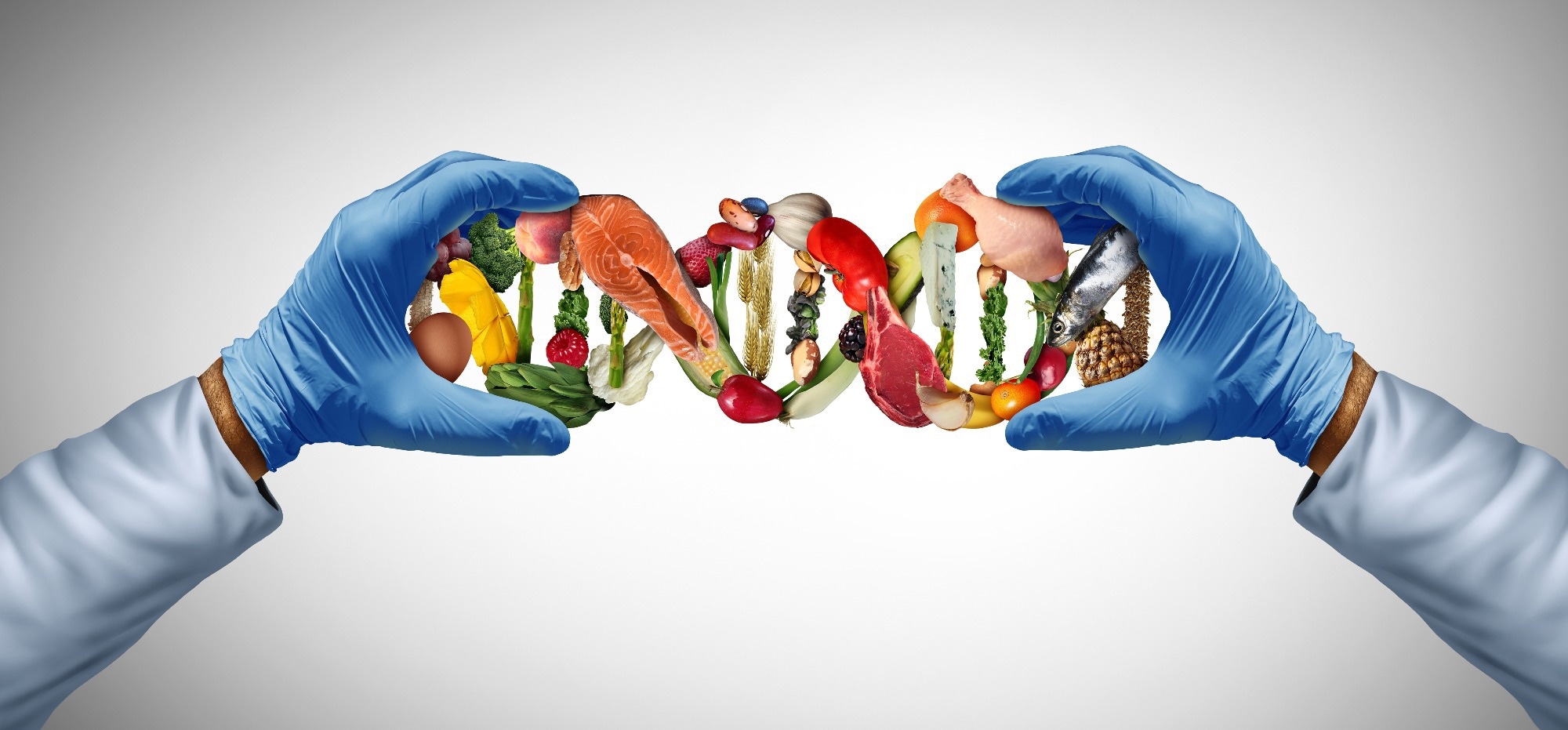 **Alt text:** Laboratory-gloved hands hold a DNA strand made of healthy foods, illustrating the relationship between genetics, nutrition and obesity research.
