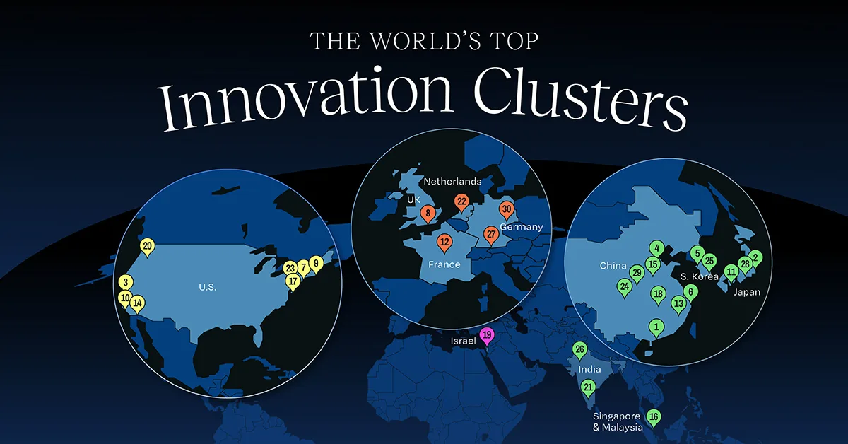Map and ranking of the world's top innovation clusters in 2025, highlighting leading hubs such as Shenzhen–Hong Kong–Guangzhou, Tokyo–Yokohama, Silicon Valley, Beijing, and other major centers of patenting, research, and venture capital activity.