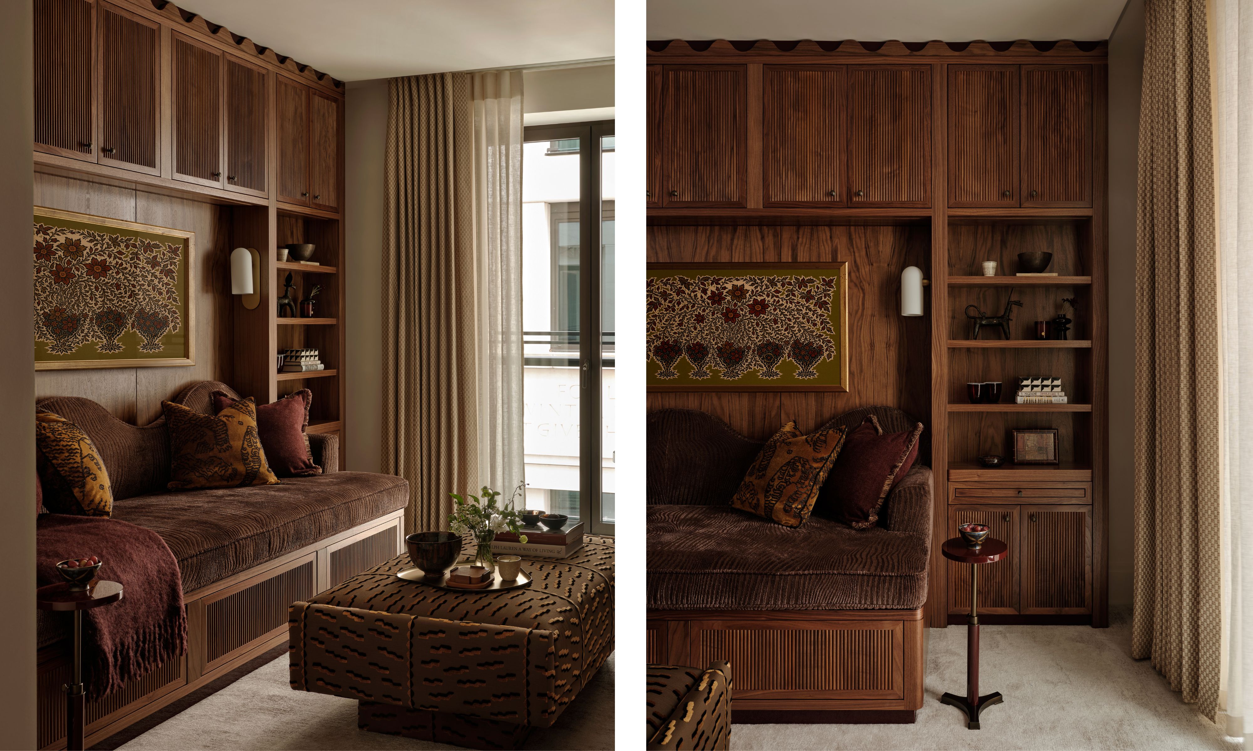 two shots next to each other of the same snug from different angles, showing wood joinery with a built in bench