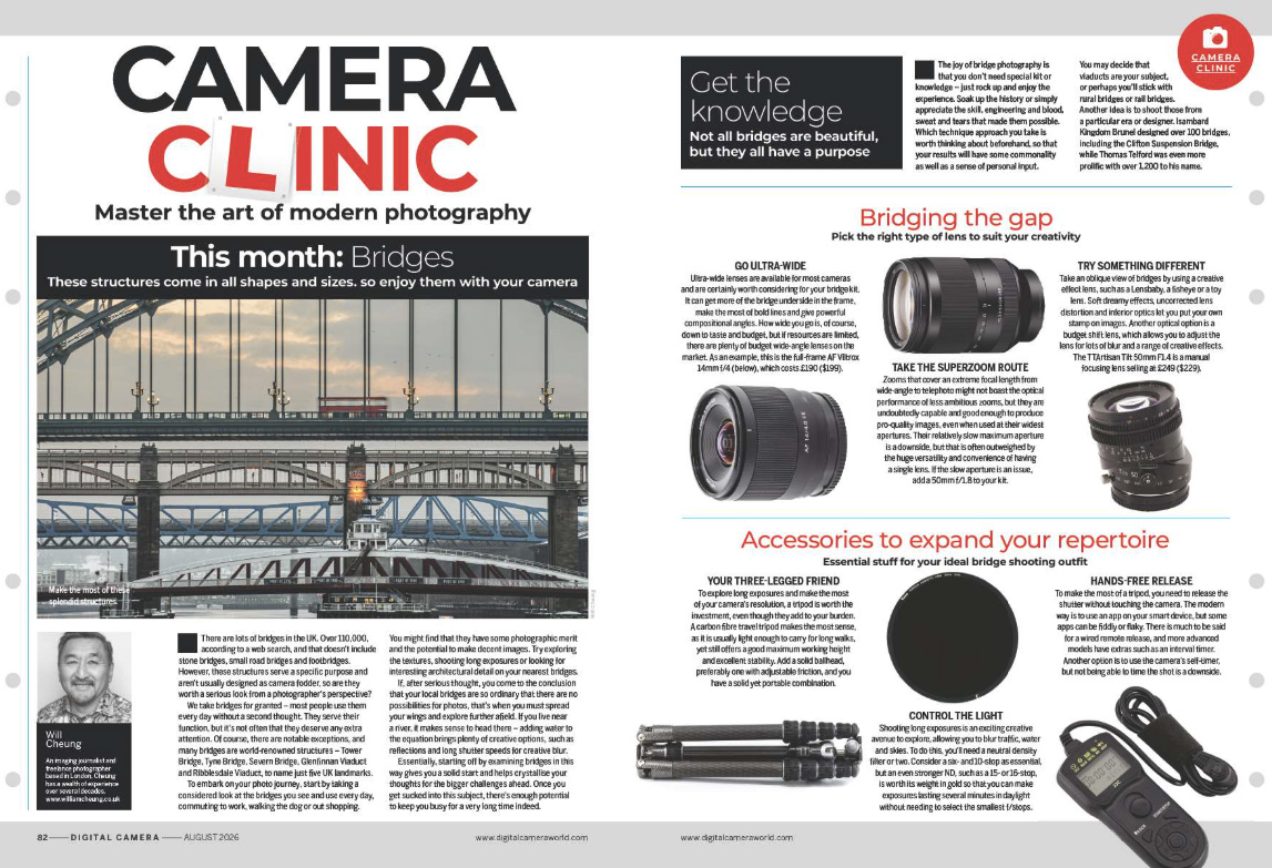 Image showing the first two pages of the Camera Clinic article in issue 310 (August 2026) of Digital Camera magazine, an 8-page masterclass about photographing bridges and viaducts