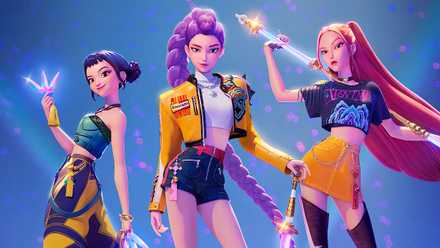 Three women, Zoey, Rumi and Mira, from KPOP Demon Hunters strike a pose with fantasy weapons.