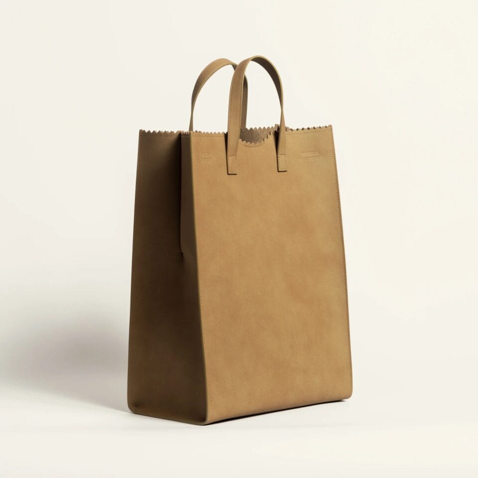 a leather tote that looks like a paper bag