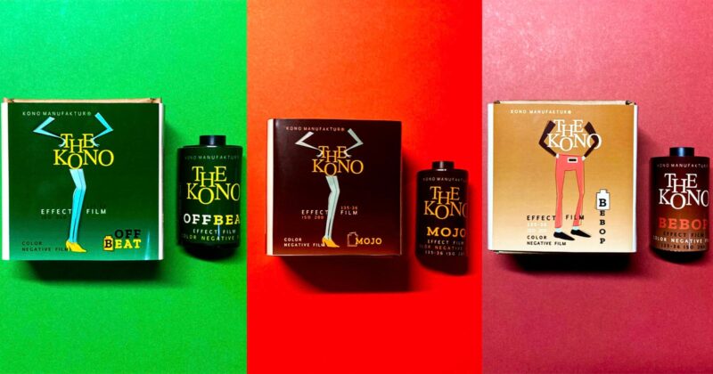 Three sets of The KONO! film boxes and canisters on green, red, and orange backgrounds, each featuring a stylized leg illustration and labeled Offbeat, Mojo, and Bebop.