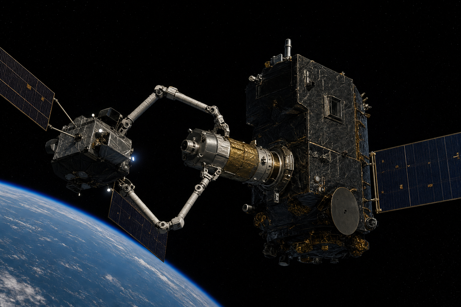 Mission Robotic Vehicle aligns a propulsion pod with an aging geosynchronous communications satellite for life extension.