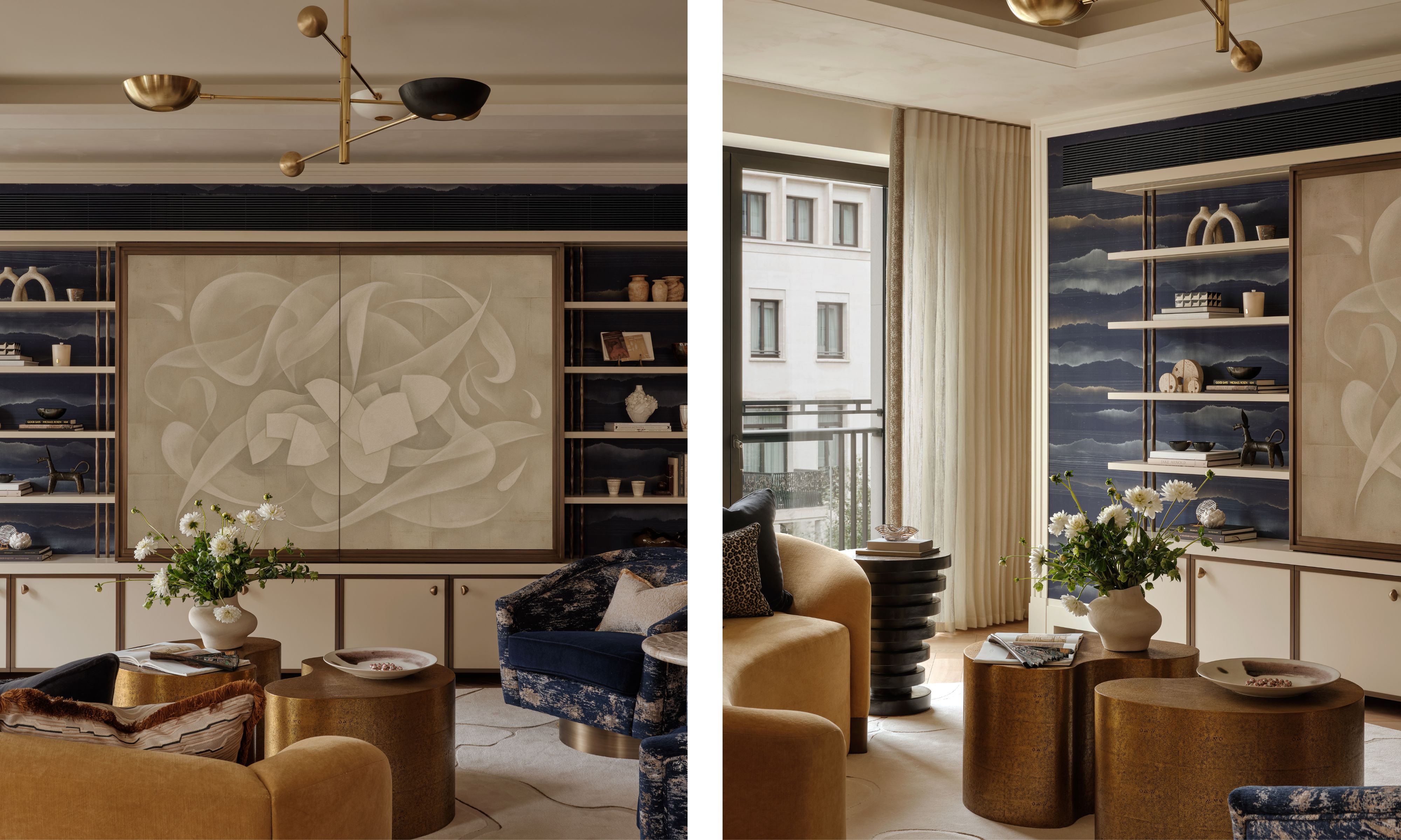 two shots next to each other of the same living room, with blue walls and a patterned screen hiding a tv