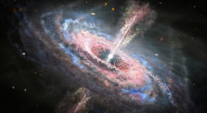 A quasar emits exceptional amounts of energy generated by matter falling into a supermassive black hole. Credit NASA, ESA, Joseph Olmsted (STScI)