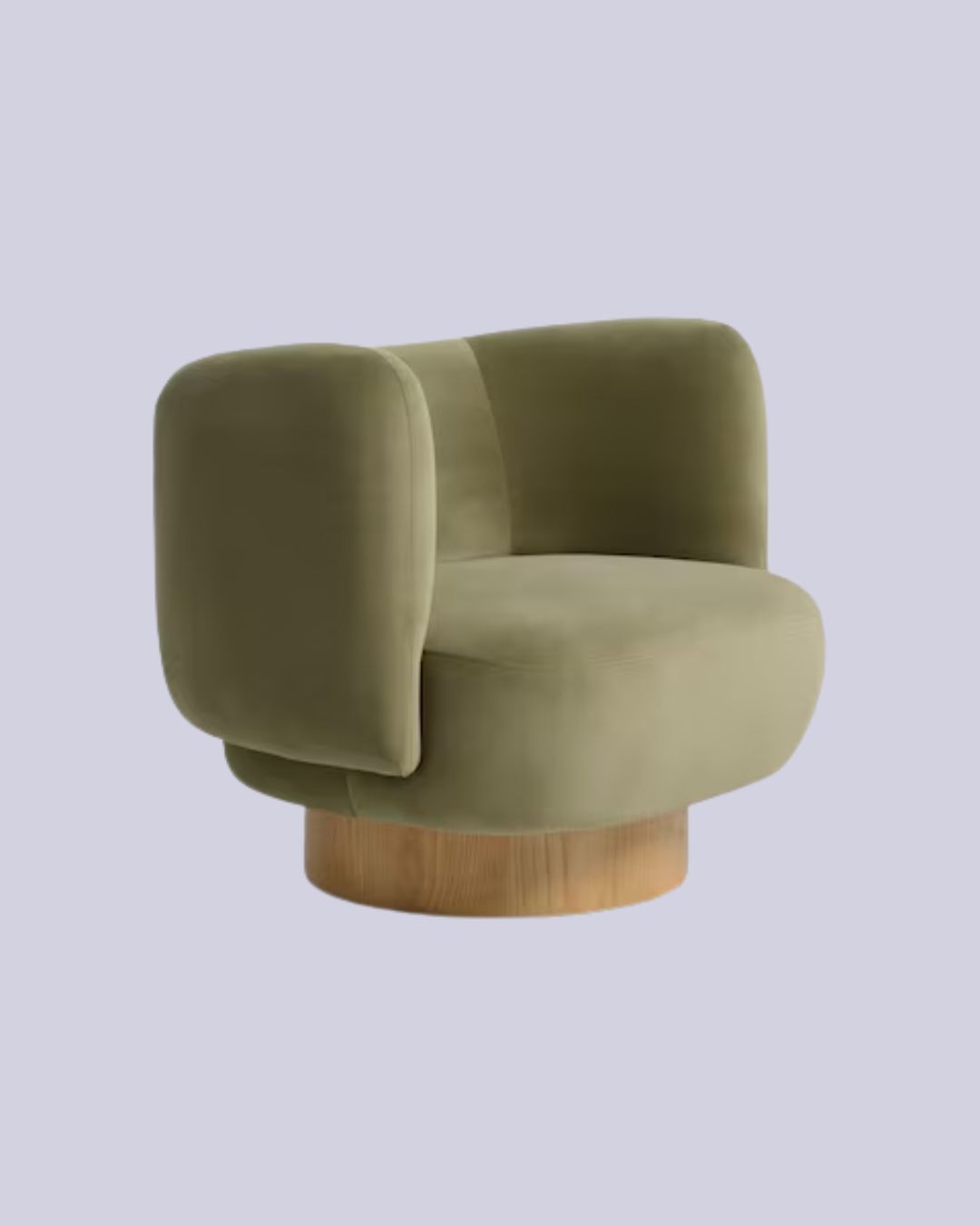 Novara Swivel Accent Chair in velvet green fabric and wood against pale lilac background.