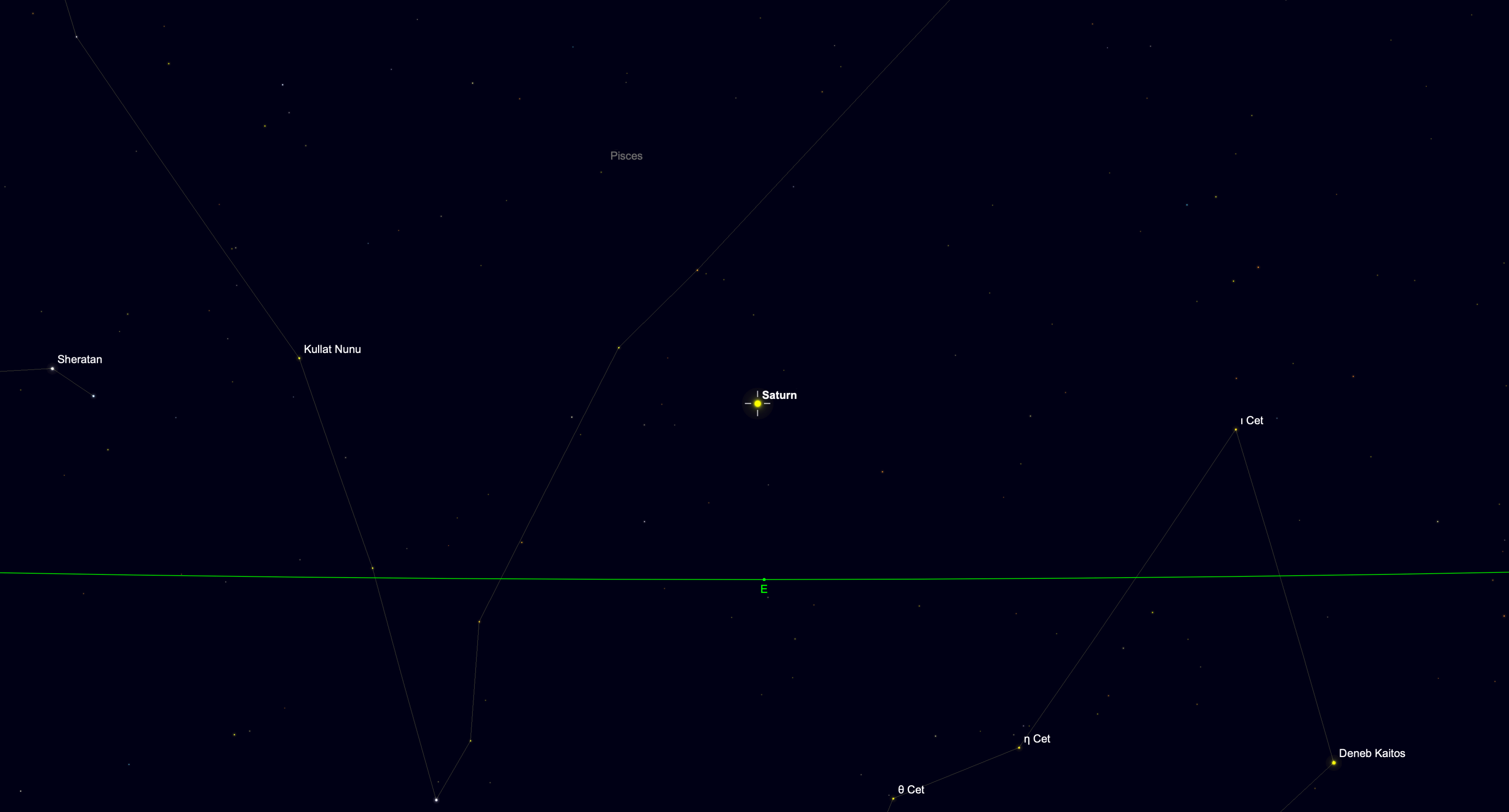Star chart showing Saturn rising above the eastern horizon in Pisces late in the evening.