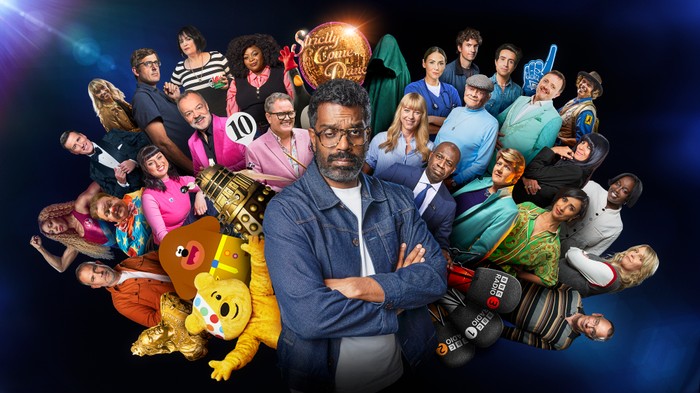 The large cast of the BBC's new 'What has the BBC ever done for me?' campaign surrounding Romesh Ranganathan.