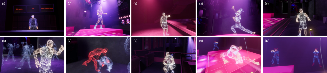 A grid of ten numbered screenshots from the VR game Rekindle, each showing wireframe-outlined human figures rendered in glowing neon against dark, moody club and street environments lit in purple, pink, and magenta. (1) A lone figure stands on a stage beneath a red "Welcome to The Hideaway" sign. (2) A figure stands on a pink platform near a bar marked "DRINKS." (3) A figure raises an arm on a magenta-lit floor. (4) A figure lunges dynamically in mid-motion. (5) A figure stands on a walkway under spotlights. (6) Several glowing figures cluster together in a crowd. (7) Two figures rendered in red grapple or struggle close to the ground. (8) A figure stands in a dim red-lit interior. (9) A figure crouches or falls on a reflective pink surface. (10) Two blue figures face each other at a distance, appearing to argue or confront. Each screenshot corresponds to a "memory fragment" tagged with an emotion the player must display to collect it.