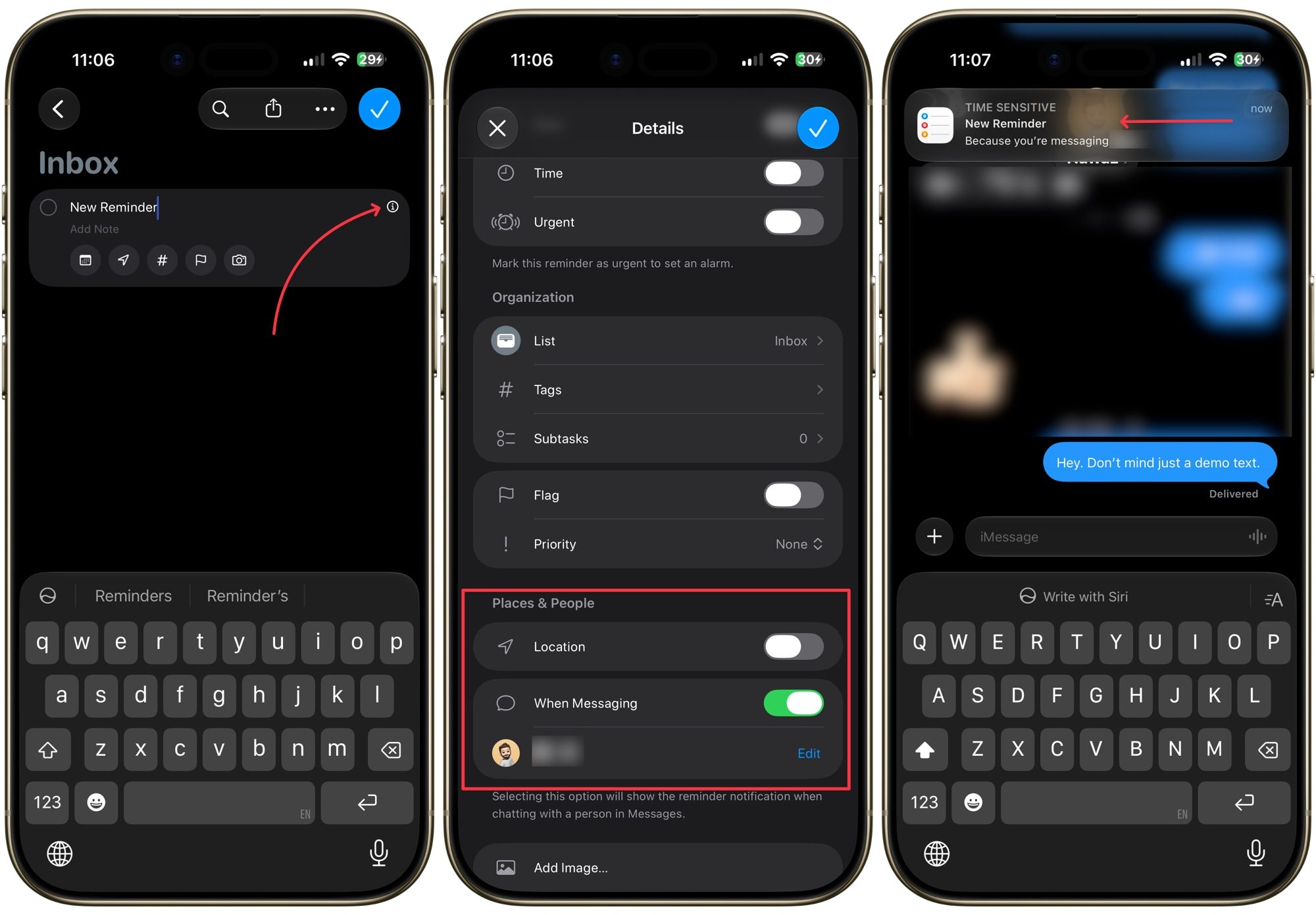 Message based reminders on iPhone