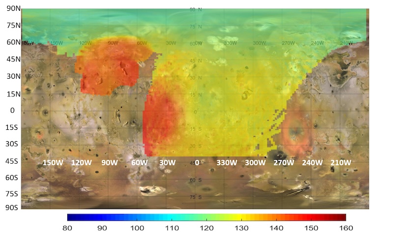 Map in reds, yellows and greens, with numbers along the left side and bottom.