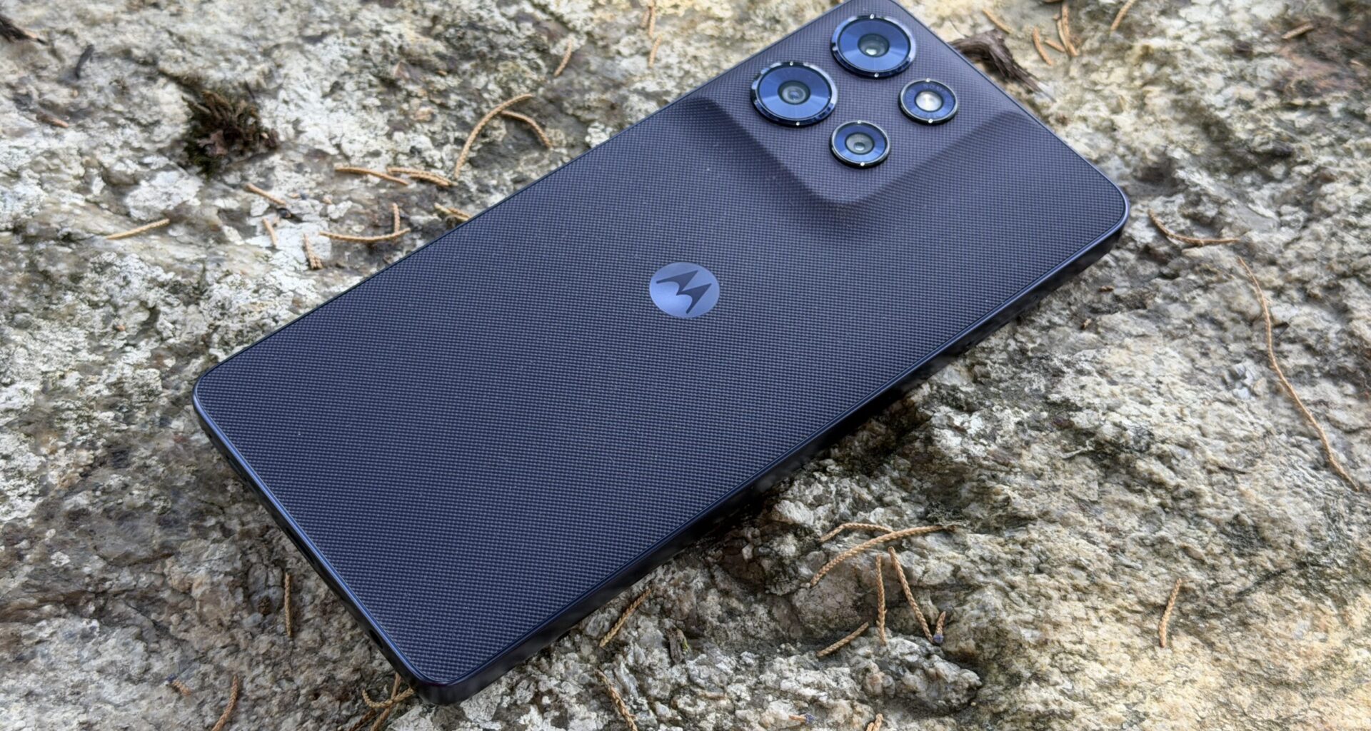 Moto G Power 2026 sitting on a rock