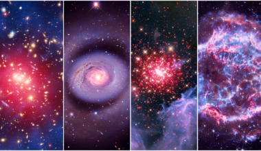 a swirl of blue-and-purple gases amid red pinpoints of light, on a black background