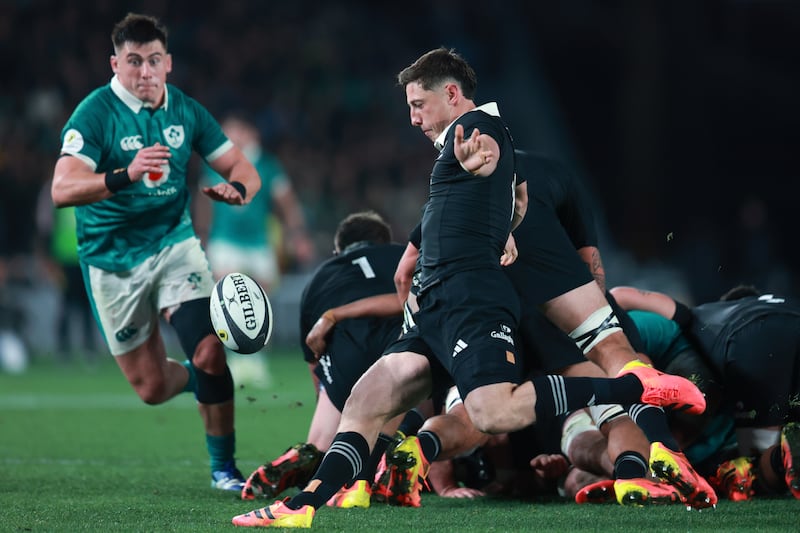 New Zealand's Cameron Roigard puts in a clearing kick. Photograph: INPHO/Photosport/Craig Butland