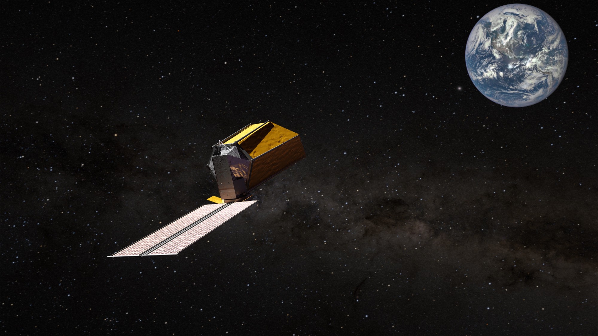 a cylindrical telescope in space looks at earth, both on a starry black background