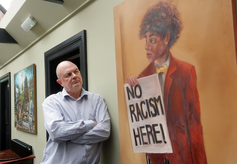 Pedro Donald  puts 50 pieces of Artwork on display  at The Harrison Hotel in Belfast. The exhibition will be on show  for the rest of the summer, with 50 per cent of the proceeds going to Medical aid for Palestine.
PICTURE COLM LENAGHAN
