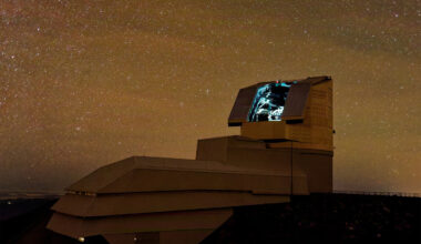 Vera C. Rubin Observatory's dome under a star-filled night sky at Cerro Pachón, Chile, with its telescope shutter open and interior lit.