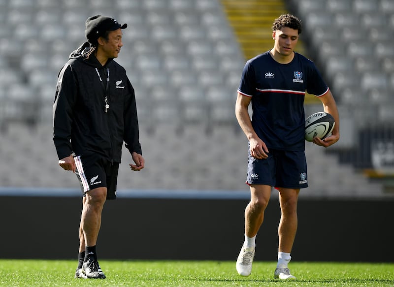 Charles Howlett (right) with All Blacks defence coach Tana Umaga. Photograph: Brendan Moran/Sportsfile via Getty Images