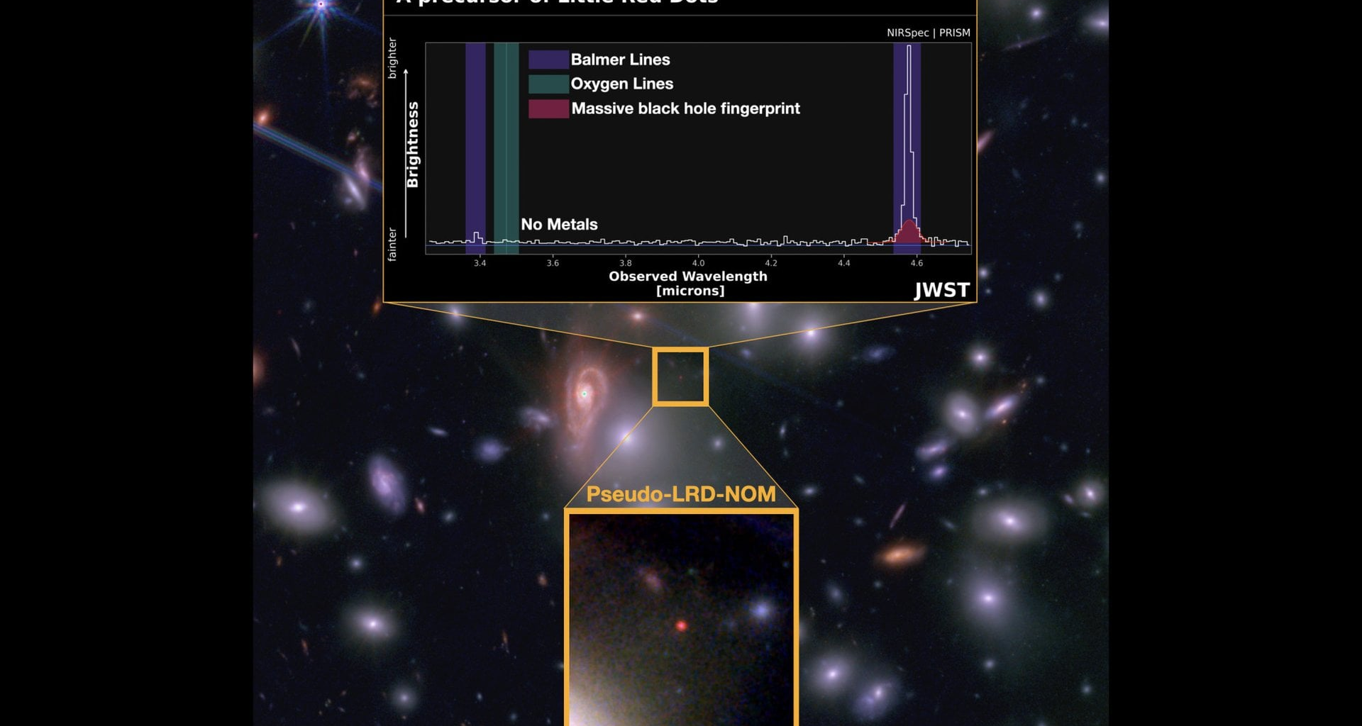 An image and spectrum of a Little Red Dot object found by JWST. It appears to be a still-forming object, seen as it existed in the first billion years after the Big Bang. Credit: P. Rinaldi, R. Cooper / ESA/Webb, NASA, CSA
