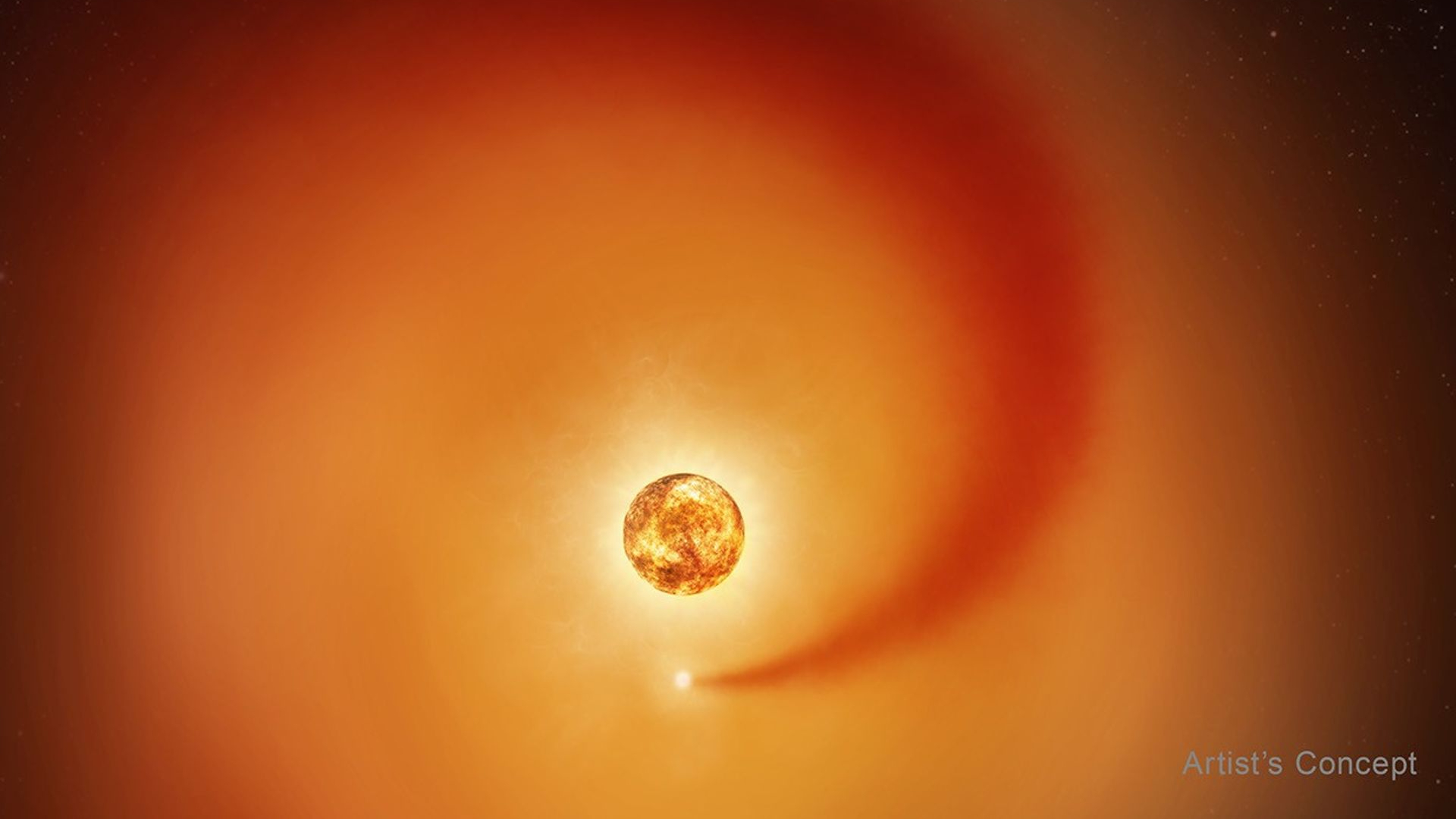 This artist&rsquo;s concept shows the red supergiant star Betelgeuse and an orbiting companion star.