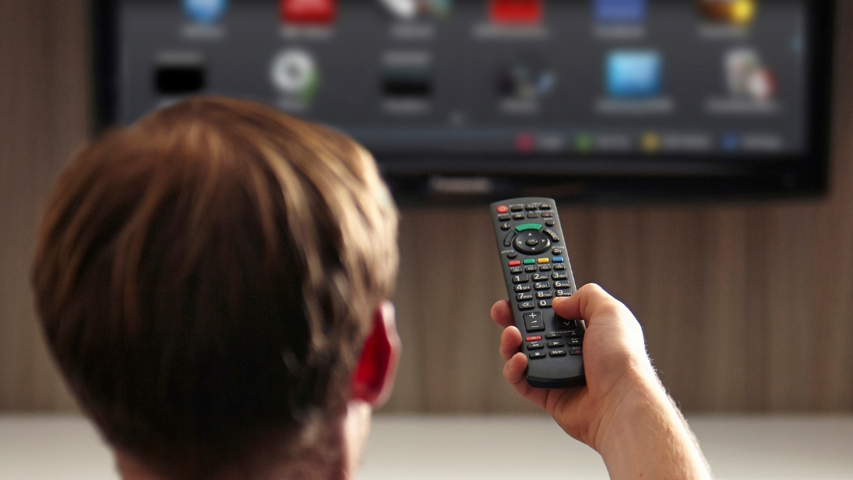 Person with remote pointing at TV, viewed from behind
