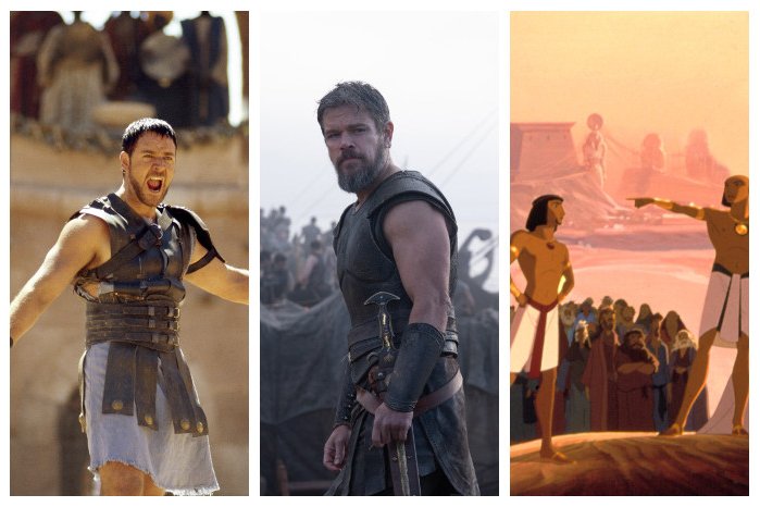 Russell Crowe in "Gladiator," Matt Damon in "The Odyssey" and a scene from "The Prince of Egypt."