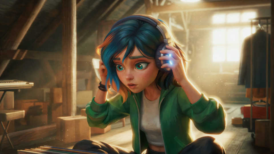 A shot from the animated AI film Tuning In, produced by Promise AI. The company is bringing in veteran screenwriters to work on its films.