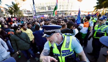 Protesters chant anti-immigration slogans as Indian PM Narendra Modi visits Auckland’s Spark Arena
