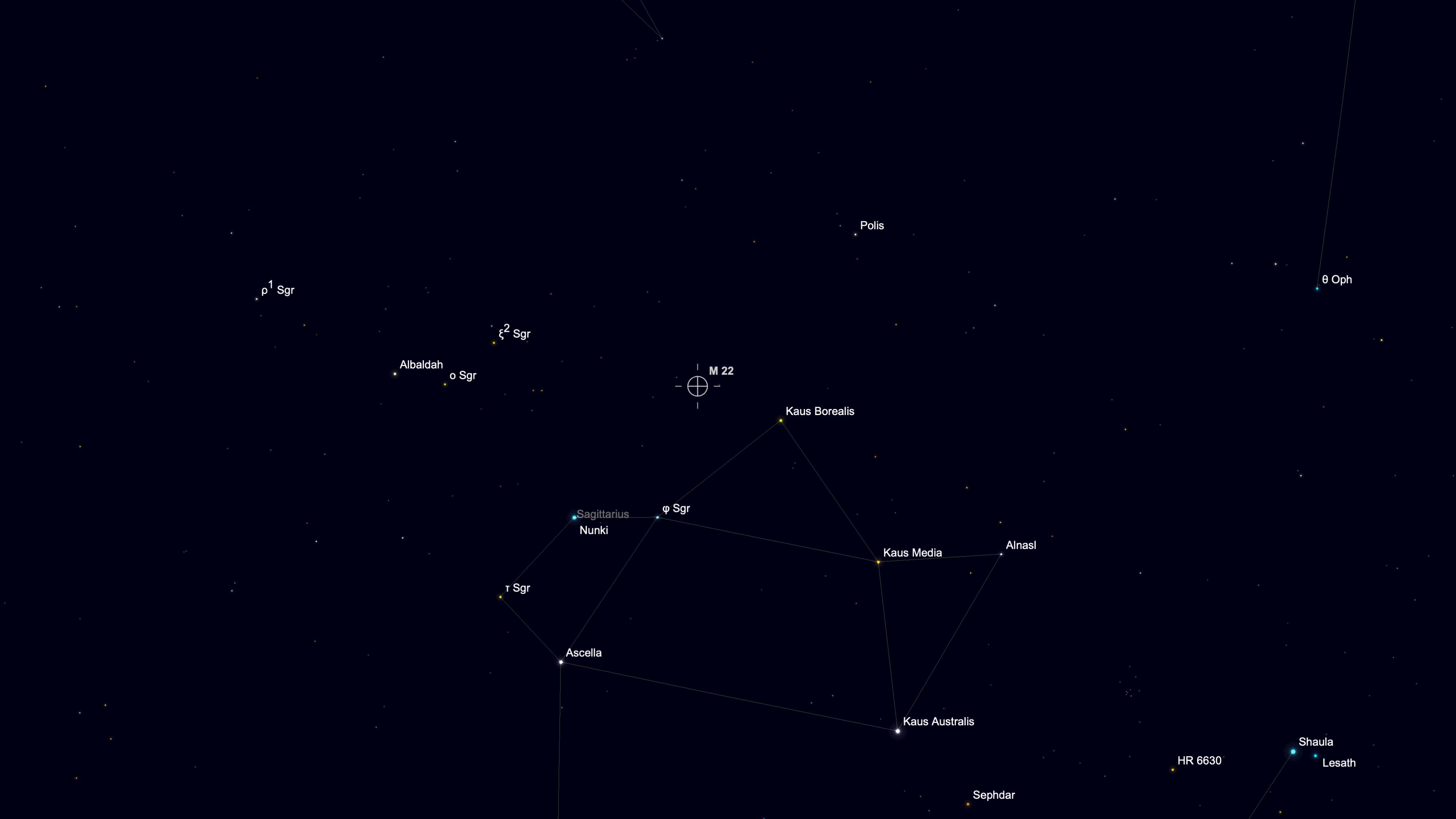 A starchart for Aug. 17 showing the location of the Great Sagittarius Cluster in a black simulated night sky above the stars of the constellation Sagittarius.