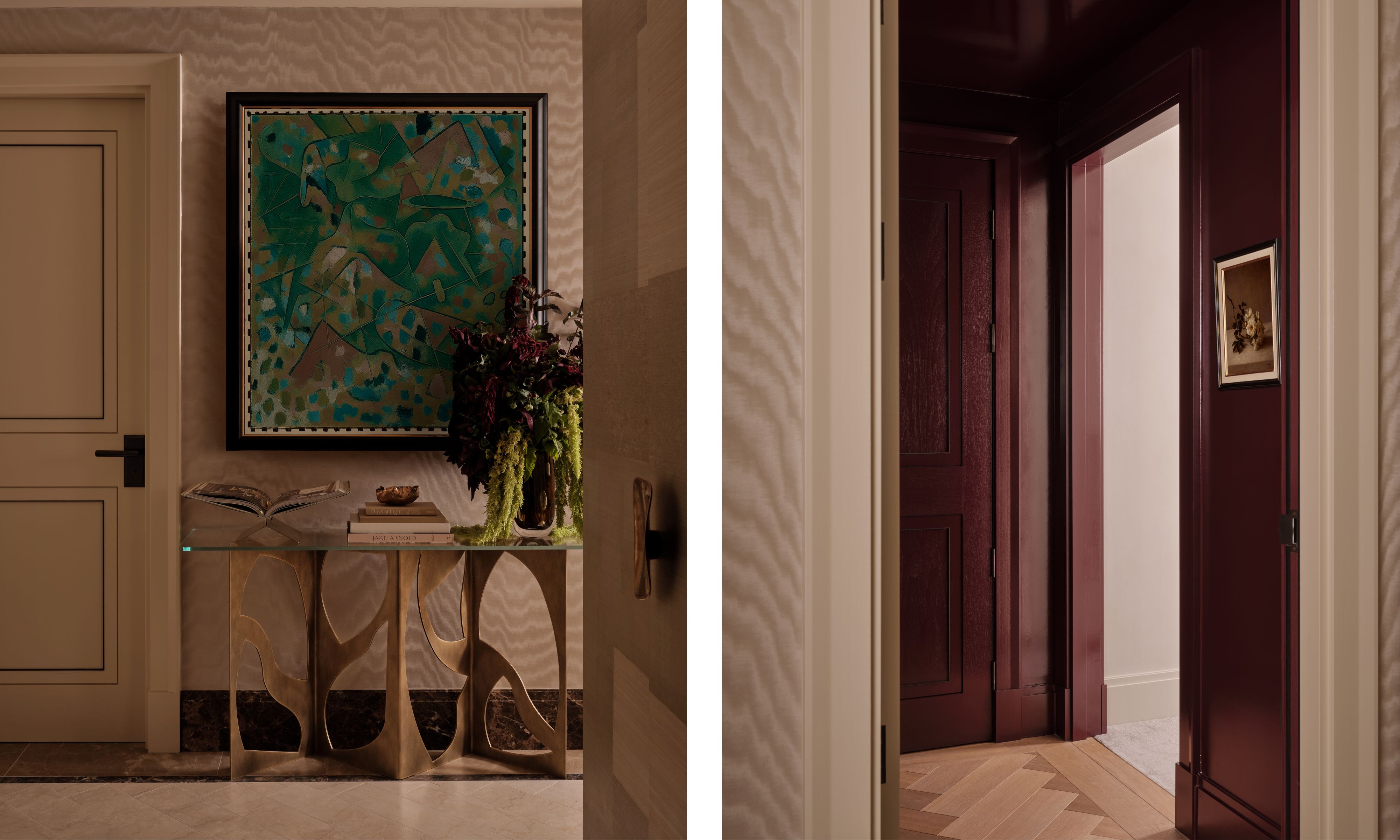 two shots next to each other of a smart entryway, with a console against a wall and red gloss cabinets