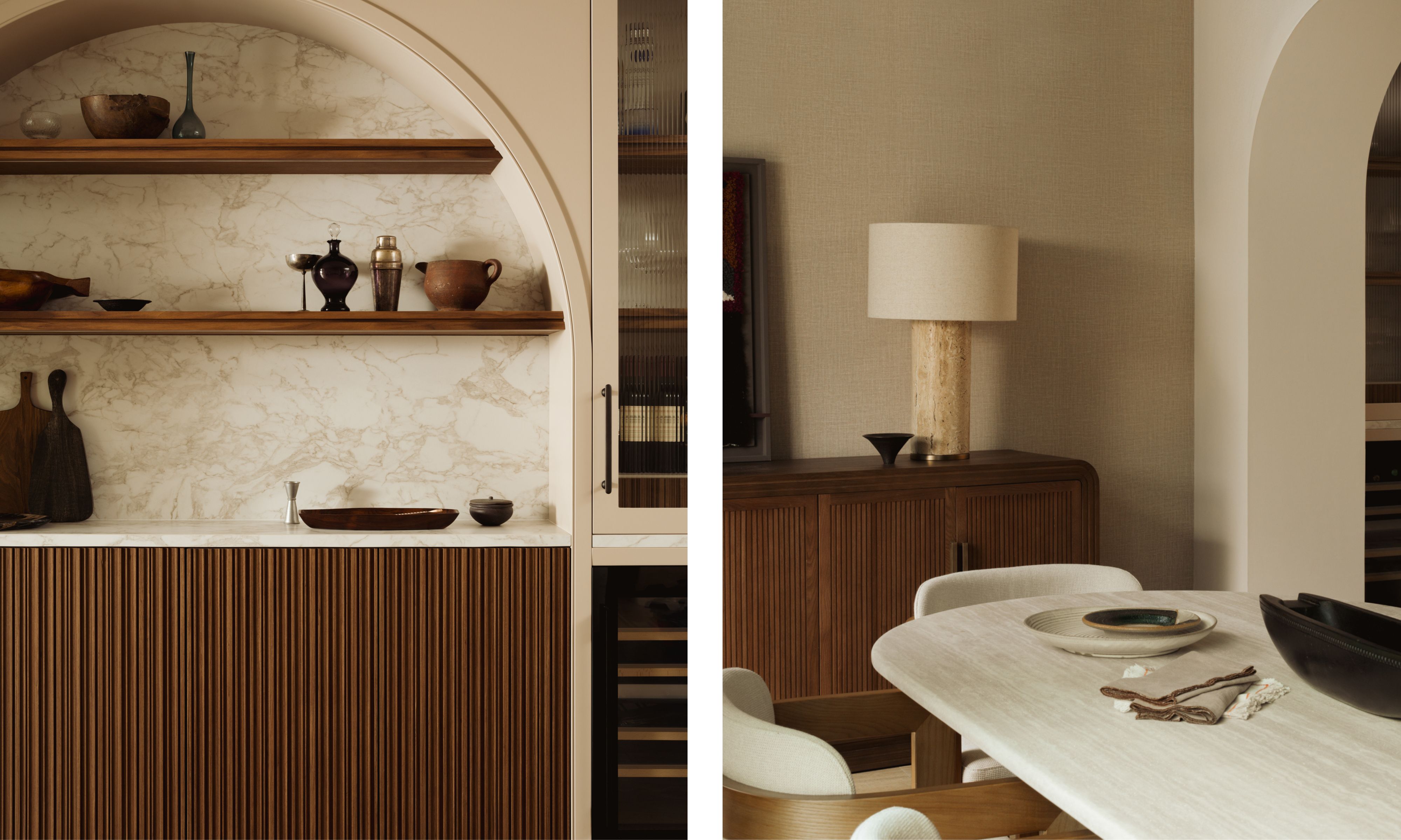 two shots next to each other of the same dining room showing an arched bar and stone table