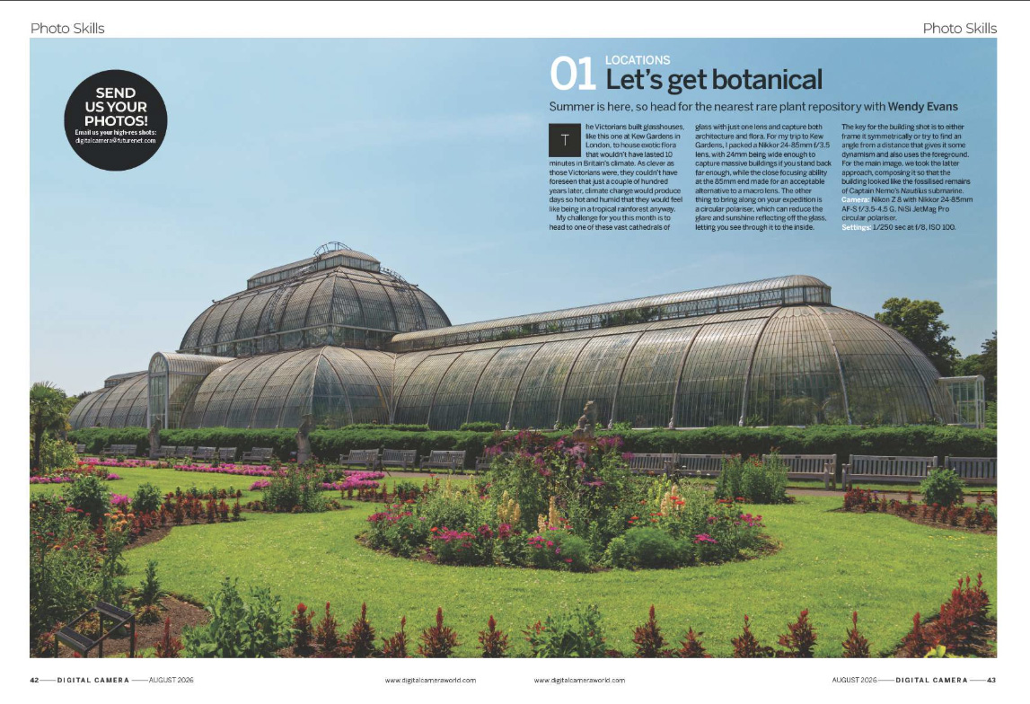 Image showing the first two pages of a Photo Skills project in issue 310 (August 2026) of Digital Camera magazine, photographing rare plants in a botanical glasshouse