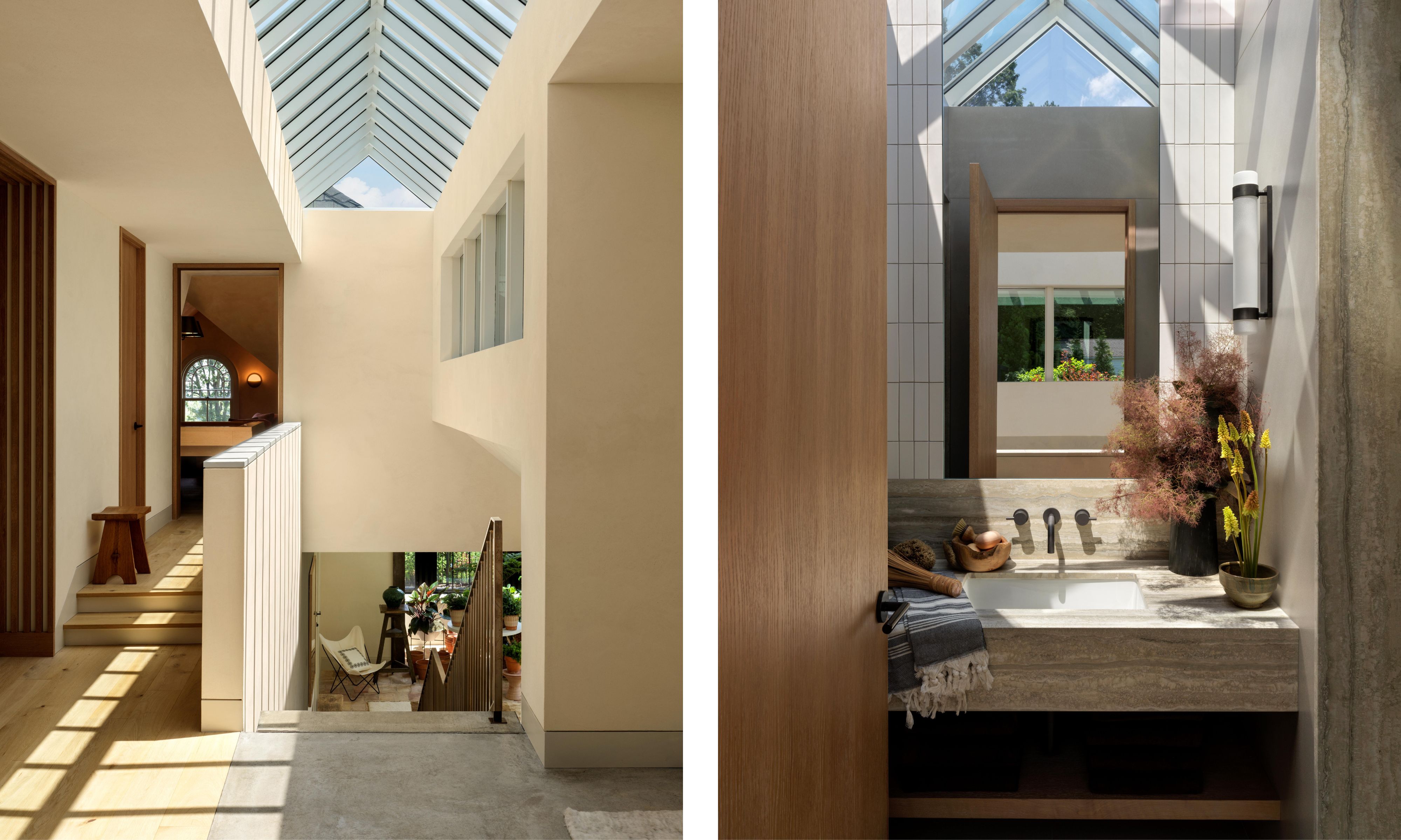 two side by side images of a modern poolhouse with vaulted ceilings and a greenhouse style roof
