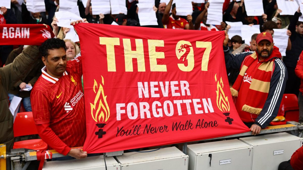 Soccer Football - Premier League - Liverpool v West Ham United - Anfield, Liverpool, Britain - April 13, 2025 Liverpool fans display a banner in memory of the victims of the Hillsborough disaster before the match REUTERS/David Klein EDITORIAL USE ONLY. NO USE WITH UNAUTHORIZED AUDIO, VIDEO, DATA, FIXTURE LISTS, CLUB/LEAGUE LOGOS OR 'LIVE' SERVICES. ONLINE IN-MATCH USE LIMITED TO 120 IMAGES, NO VIDEO EMULATION. NO USE IN BETTING, GAMES OR SINGLE CLUB/LEAGUE/PLAYER PUBLICATIONS. PLEASE CONTACT YOUR ACCOUNT REPRESENTATIVE FOR FURTHER DETAILS..