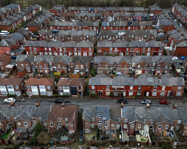 A drone view shows rows of terraced houses in the constituency of Gorton and Denton ahead of a parliamentary by-election, in Manchester, Britain, February 18, 2026 REUTERS/Phil Noble TPX IMAGES OF THE DAY