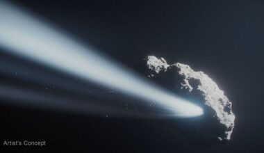 Artist’s illustration of comet 41P, measured at about 1 kilometer (0.6 miles) in diameter, depicted approaching the Sun, resulting in outgassing from the evaporating ice. (Illustration Credit: NASA, ESA, CSA, Ralf Crawford (STScI)